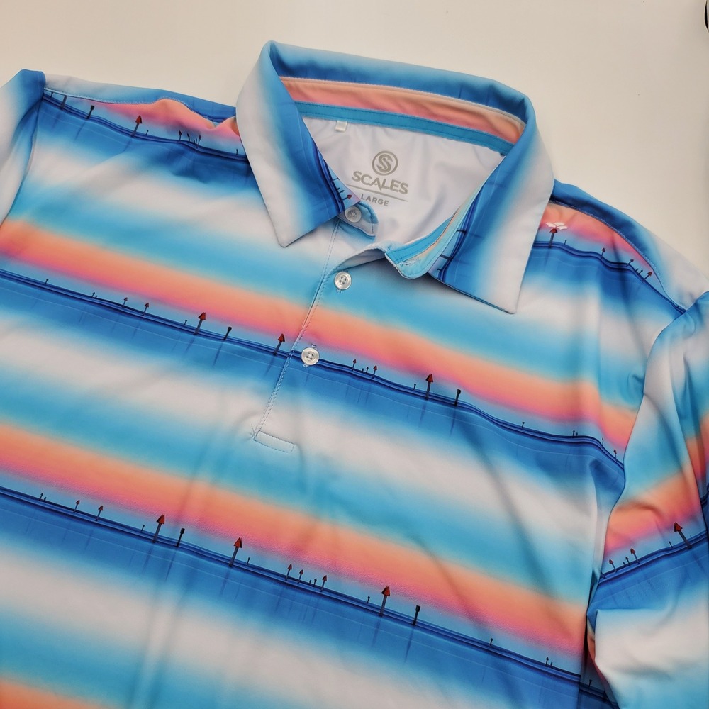 Scales Mens Performance Polo‎ Shirt Large Blue Sunset Nautical Fishing Short Slv